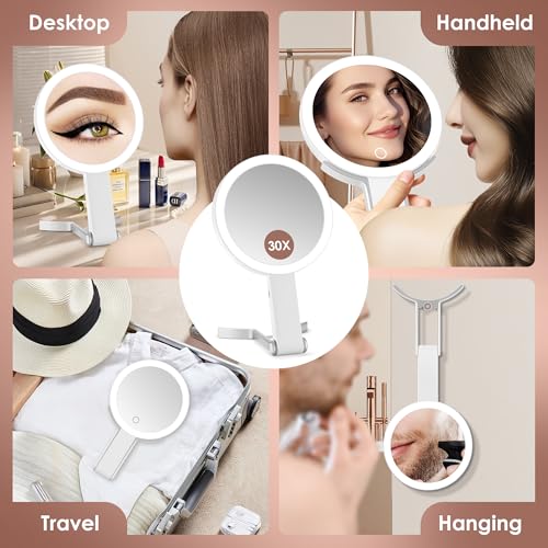 MIYADIVA Espejo de Maquillaje con Luz, Espejo de Aumento de 2 Lados 30X, Colgante de Mesa 3 en 1, 3 Luces y Brillo Ajustable para Viajes, Dormitorio Blanco - imagen 6