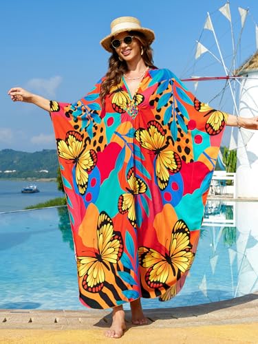 Image of IMAGEKOPE Women's Plus Size Animal Print V-Neck Batwing Kaftan Beach Dress Bathing Suit Cover-Up Loungewear