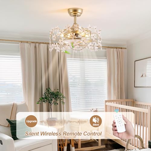 Image of 20 inch Gold Fandelier Ceiling Fan with Light, Flower Crystal Chandelier Ceiling Fan with Light and Remote Control, Modern Caged Enclosed 6 Speeds for Girl's Bedroom, Nursery, Living Room