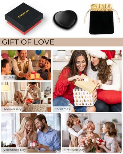 Image of Natural Black Obsidian Heart Worry Stone - Polished Thumb Pocket Stone for Anxiety & Stress Relief - Heart-Shaped Crystal for Reiki Healing, Meaningful Spiritual Gift for Women & Men