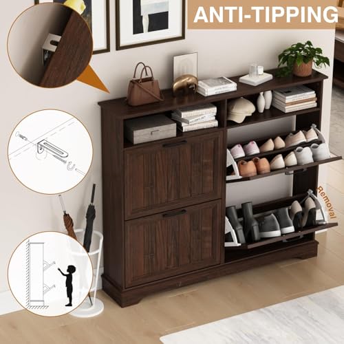 Image of Hidden Shoe Storage Cabinet with 4 Flip Drawers & Open Storage