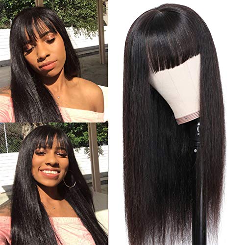 Straight Human Hair Wig with Bangs Glueless Middle Part Machine Made Wigs 24inch For Black Woman Natural Color (24Inch)