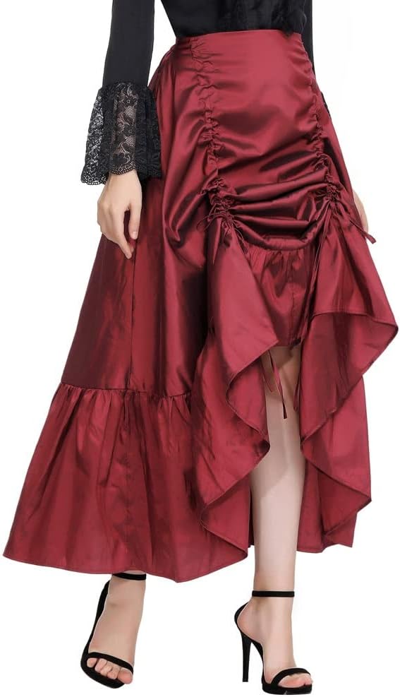 ZYZMH Ruffle Skirt Women Maxi Skirts Victorian Vintage Gothic High-low Retro Shirring Solid Pleated Summer Steampunk Costume Skirt (Color : C, Size : Mcode) : Clothing, Shoes & Jewelry