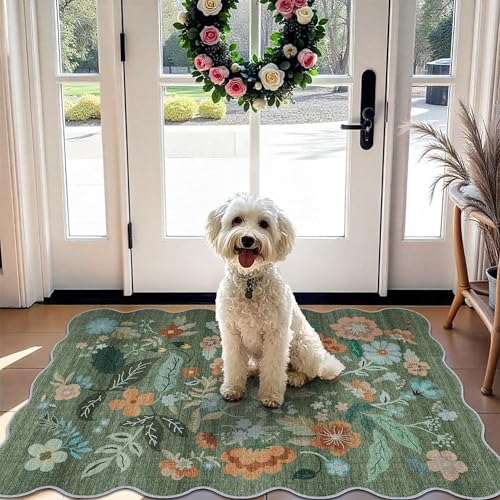 Washable Floral 2x4 Area Rug: Indoor Soft Scalloped Carpet for Entryway Kitchen Non-Slip Water Resistant Bathroom Laundry Floor Mat Low Pile Durable Nursery Door Mat Cute Home Decor(2x4 Floral/Green)