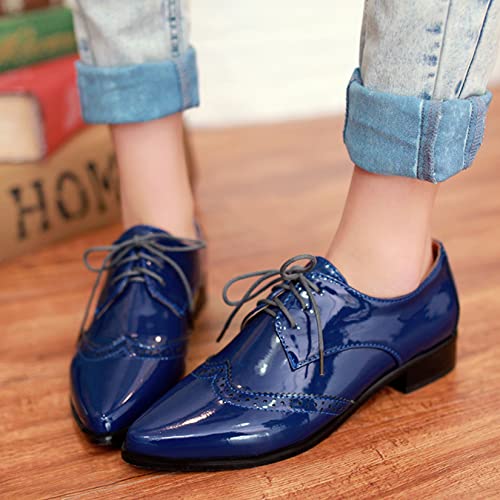 Aimodor Womens Wingtip Oxford Flat Heel Patent Leather Shoes Pointed Toe Lace Up Pumps 8,Royal Blue #TOP3