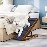 PATHOSIO PETS Adjustable Dog Ramp for Bed - 34' Long Foldable Wooden Ramp for Dogs to Get on Bed, Couch, or Car with 12.6' Wide Walking Space - (Walnut Wood with Gray Carpet)