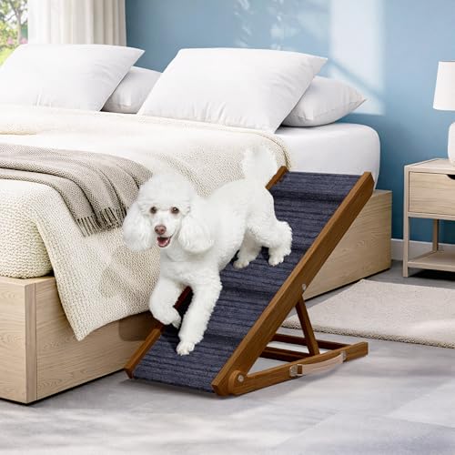 Adjustable Dog Ramp for Bed - Foldable Wooden Ramp for Dogs to Get on Bed, Couch, or Car with 12.6" Wide Walking Space (Walnut Wood with Gray Carpet, Small)