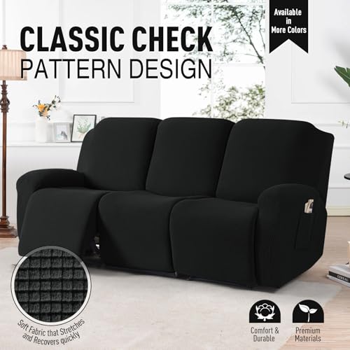 Image of TAOCOCO Recliner Sofa Covers 8-Pieces Stretch Large Couch Covers for 3 Seats Reclining Slipcovers Soft Jacquard Pattern Furniture Protector (Black)