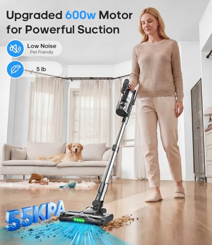 Image of Cordless Vacuum Cleaner, Upgraded 600W 55KPA 55mins Vacuum Cleaners for Home,Powerful Stick Vacuum with Anti-Tangle & Wall Mount Charging, Lightweight Vacuum for Pet Hair Hardwood Floor Carpet