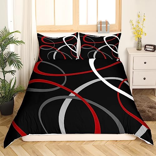 Red Grey and Black Duvet Cover Geometric Swirl Bedding Set Retro Circle Comforter Cover for Boys Girls Abstract Art Bedspread Cover Quilt Cover with 1 Pillow Case Single - Image 2