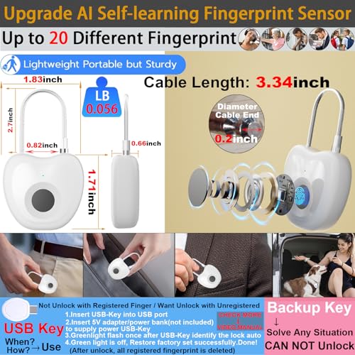 Bstsilver Fingerprint Padlock, Larger Sensor & 6.2" Flexible Cable, 20-User Biometric Lock wtih Emergency USB Key & Code for Gym Locker, Luggage, Backpack, Toolbox, Cabinet, Suitcase, School, Travel — view 2