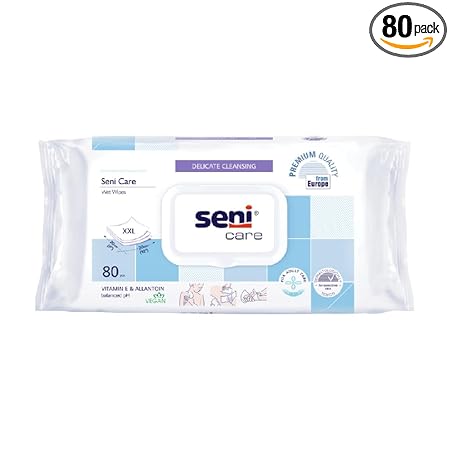 Seni Care Wet Wipes For Adults|Sensitive Skin|With Vitamin E And Allantoin|Nourishes Skin|Vegan|Balanced Ph|Delicate|Dermatologically Tested|Ready To Use Bath Wipes|White|Size Xxl|Pack Of 1|80 Pcs