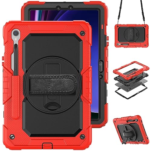 Housse rotative 360 Samsung Galaxy Tab S10 FE rouge antichoc avec bandoulière confort