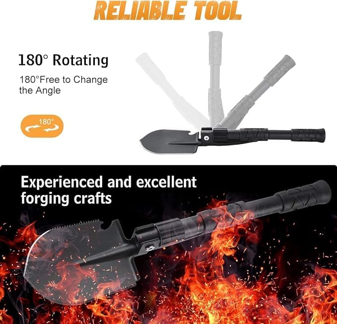 Image of Folding Shovel 16 inch Camping Military Style Survival w /Pick Tool & Case Garden Tool Kit Shovel Portable Folding Shovel (Green,Black)