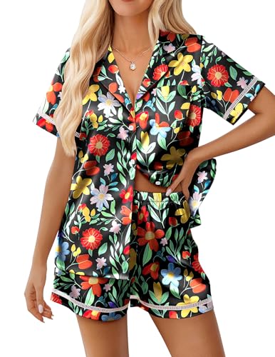 Image of Ekouaer Womens Silk Pajama Sets Button Up Satin Pjs Short Sleeve 2 Piece Pj Sets Cute Lounge Sets with Chest Pocket