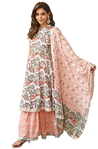 Janasya Indian Women's Cotton White Floral Print Festive Wear Kurta Set for Women