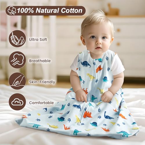 Image of david's kids 100% Organic Cotton Baby Wearable Blankets 0-6 Months, Soft Baby Wearable Blankets with 2-Way Zipper, 2 Pack Comfy Sleeping Bags for Infant Newborn Boys Girls, Small Size, Dinosaur