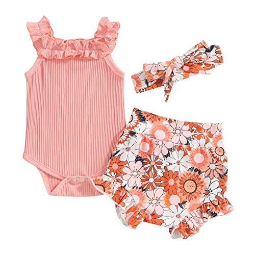 Image of Infant Baby Girl Summer Clothes Outfit Flower Print Fly Sleeve Solid Romper Tops Cute Baby Clothes Girl Outfit Set