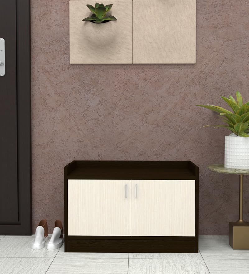 Image of SPECIALITY PANELS 2 Door Shoe Rack with Cushion | 2 Door Shoe Cabinet with Storage Bench | Shoe Organizer for Entryway Home Living Room | 75 x 49 x 37.5cm Storage | DIY Assembly | Brown and White