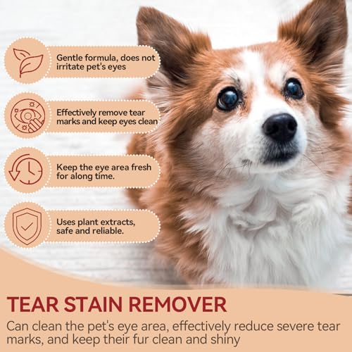 JAOJAO Tear Stain Remover for White Dogs, Pet Tear Stain Remover with Applicator Brush and 50 Cotton Pads Gently Cleanses Effective Non-Irritating for Dogs Cats Cleaning Eye, 30ml White