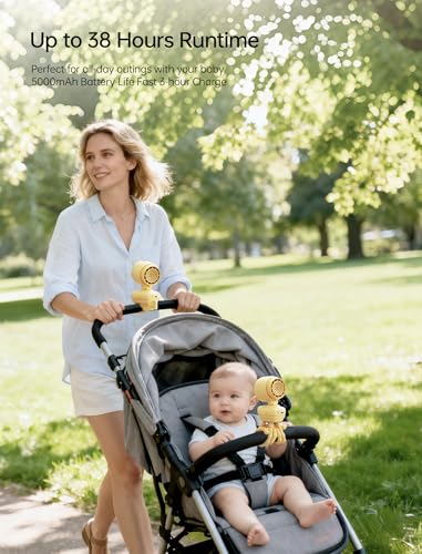 Image of JISULIFE 2026 Stroller Fan - Small & Stylish with 38H Cooling | Soft Night Light, LED Display, One‑Click Detachable Baby Fan for Stroller Crib Desk Car Seat Travel, Gift for Baby Mom-Yellow