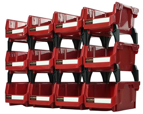 VOLDREN Gavetas organizadoras apilables - Organizador tornillos - Cubetas plastico almacenaje - Organizador cajones - Clasificador apilable taller - Estanteria gaveta herramienta (Rojo, 12)