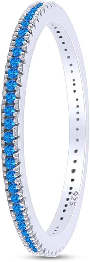 Jewel Zone US Simulated Blue Topaz Eternity Stackable Wedding Ring in 14k White Gold Over Sterling Silver (1/5 Cttw)