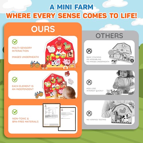 Image of KALOTOYS Wooden Farm Animal Puzzle for Toddlers 1-3 - 8 Piece Montessori Sound & Sensory Puzzle with Textures & Spinning Tractor Gears - Fine Motor Learning Toy & Autism-Friendly Baby Gift
