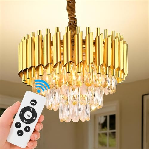 Image of Modern Ceiling Lamp 3-Tier Round Crystal Chandelier for Living Room | Bluetooth Remote Control and Moving Round|Speaker+ Multi Color LED Light (Remote Full Gold, 400MM)