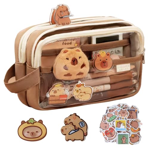 ROBOHOOK Cute Capybara Pencil Case,Capybara Stationery Comes with 10 Stickers+2 Brooches+1 Doll Large Capacity Multi-layers Pen Case (Brown)