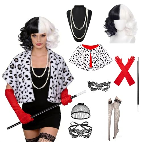 Afenau Cruella utklädnad för kvinnor, 8 stycken Cruella-dräkt, Cruella-kostym för kvinnor, vuxen, med olika tillbehör, Cruella damdräkt för temafester, karneval, festivaler