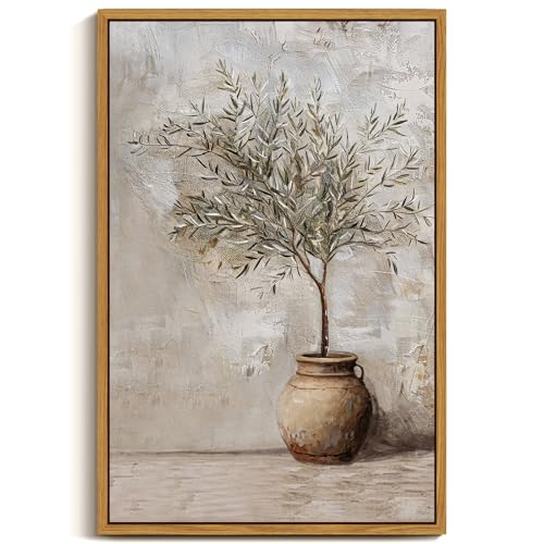 Image of ARPEOTCY Vintage Framed Canvas Wall Art, 16x24 Inch, Large Classic Olive Tree in Vessel Prints for Home Decor, Botanical Still Life Paintings Hanging Wall Art for Bedroom, Living Room, Office