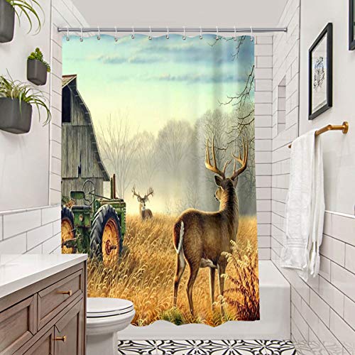Broshan Farmhouse Long Shower Curtain, Westerm American Barn Animal Wildlife Tractor Deer Shower Curtains For Fall Bathroom , Rustic Fabric Bathroom Decor Set With Hooks #TOP1