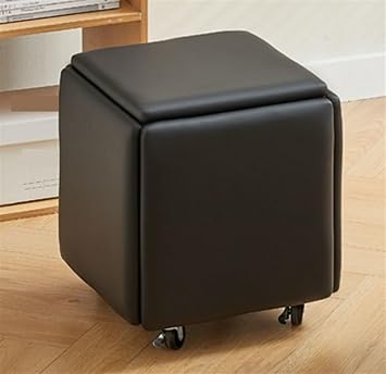 Stool Cubes, 5 in 1 Nesting Cube Stool Ottoman, Stackable Sofa Chair Stools, Leather Square Ottoman, Foot Stool with Wheels for Living Room, Dining RoomBlack,Small