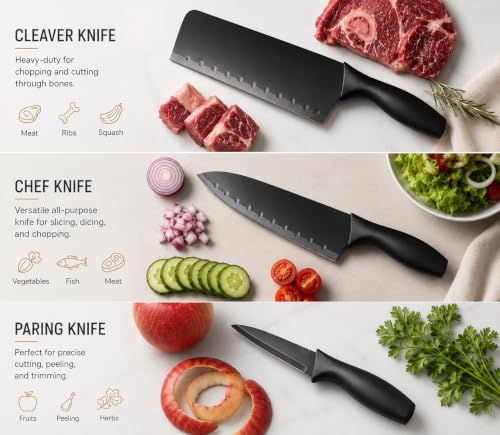 Image of 3 Kitchen Knives Set | Kitchen Cleaver, Chef & Paring Knife Stainless Steel Blade Covar with Ergonomic ABS Handles | Multipurpose Cooking Knife Set for Cutting Vegetables, Fruits & Meat