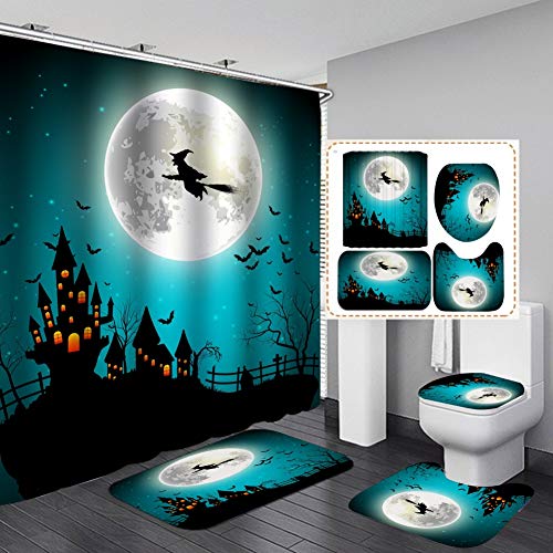ARTIFUN 4 PCS Halloween Bathroom Decorations Set Toilet Seat Cover Rug Shower Curtain Sets Monsters Ghost Pumkin Bats Dark Scared Bathroom Decor