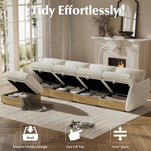 Image of 134 inch L Shaped Cloud Couch Sectional Modular Sofa with Storage, Modular Deep Seat Couch Oversized Sofa with Ottoman, Armrest Pillow, Easy Assembly for Living Room, Apartment, Office, Ivory