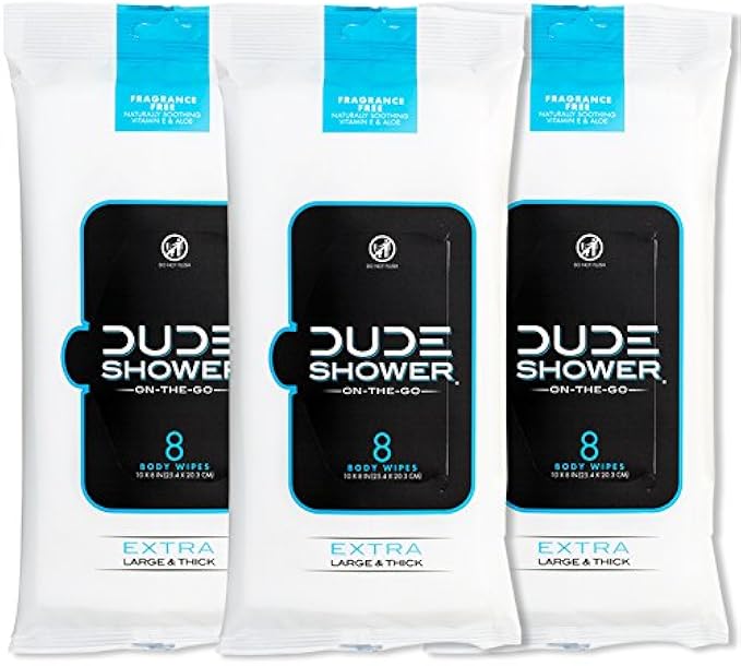 DUDE Wipes On-The-Go Shower Wipes - 3 Pack, 24 Wipes - Unscented Extra-Large Wipes with Vitamin E & Aloe - Full Body Shower Replacement Wipes