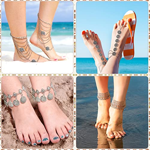 Ecally 4 Pairs Barefoot Sandals Foot Jewelry Beach Tassels Anklet Summer Boho Coin Anklet Bracelet Multi Chain Bohemian Silver Ankle Jewelry For Women Girl Belly Dance Accessories #TOP3