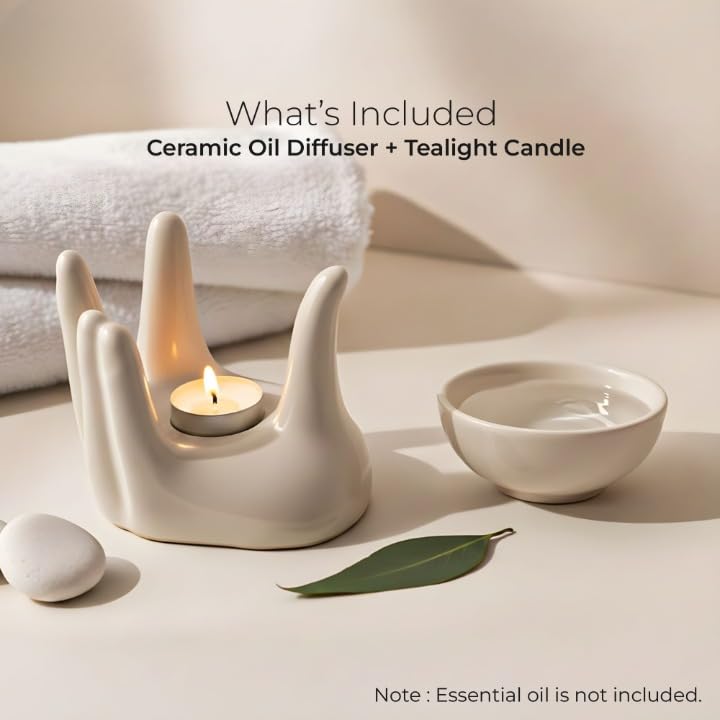 Dolloz Ceramic Aroma Oil Diffuser Burner for Home Fragrance | Hand Shaped Essential Oil Burner with Tealight Candle Holder | 90ml Capacity Aromatherapy Diffuser for Home Dcor & Relaxation (Cream) 2