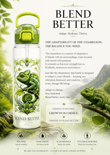 Image of Blend Better Chameleon Printed Water Bottle 1 Litre with Straw & Gulp Drinking