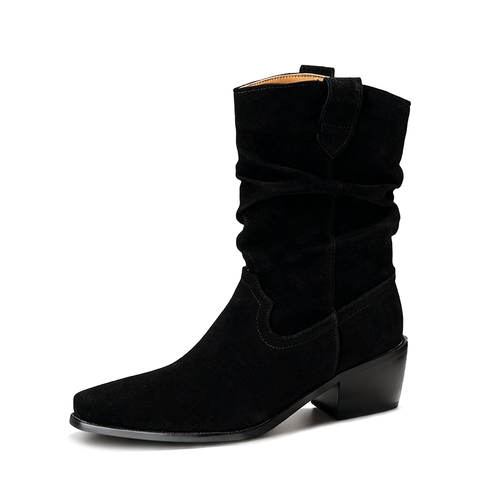 Suede Ankle Boots for Women Western Cowboy Ankle Boots Pointed Toe Mid Heel Slip On Short Cowgirl Booties