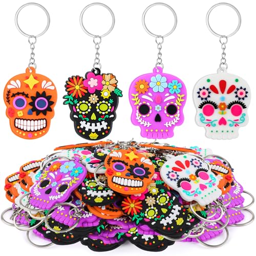 ALDMIO 32 Pcs Day of The Dead Ornaments, Dia De Los Muertos Skull Keychain, Halloween Hanging Skeleton Head Decorations for Party Xmas Tree Decoration