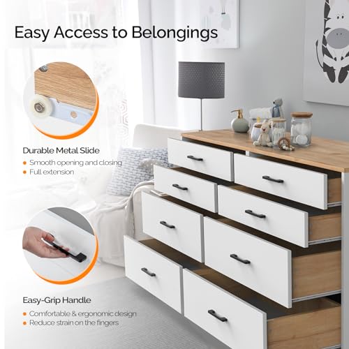 Image of VINGLI 8 Drawer Dresser 56 inch Long, White Dresser for Bedroom Baby Nursery, Wood Dressers with Combination Drawer Sizes, 17.72 inch D x 56 inch W x 32.28 inch H