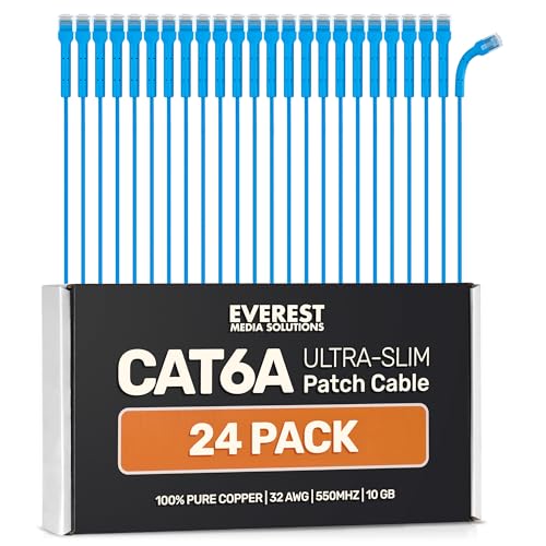 Everest Ultra Slim Cat6a Ethernet Patch Cables 5ft (24-Pack) Blue - 10GB Cat 6a Patch Cable - Bendable, Flexible & Thin Ethernet Cable - Space Saving 32AWG 550MHZ Cat6a Cables - 100% Copper Wires