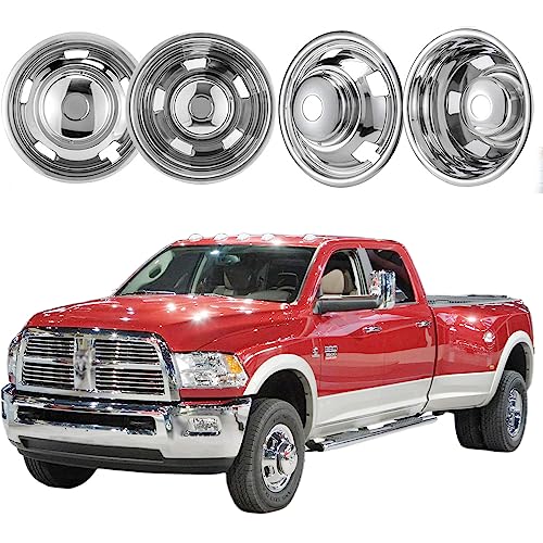 Puermto 4pcs 17 Protective Polished Stainless Steel Dually Wheel Simulators, Waterproof Replacements Bolt On Wheel Cover Removable Centre Cap,8 Lug Hubcap Fit for 03-18 Dodge Ram 3500 W/Install Tool