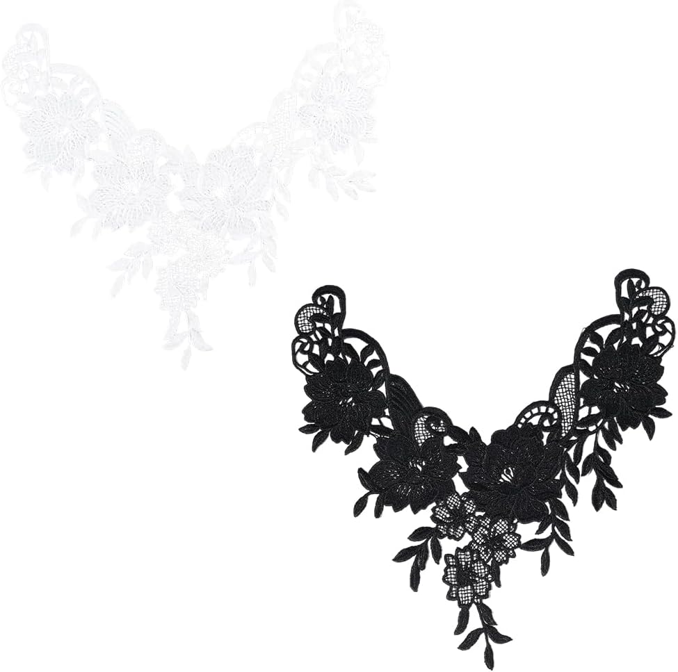 4Pcs 2 Colors Black White Neckline Lace Applique Embroidery False Collar Vintage Floral Edge Trimming Laces Detachable Collars for Sewing Making Clothing Accessories Dresses Decor DIY Craft
