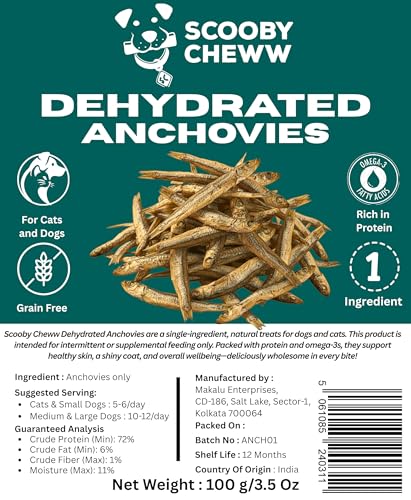 Image of Dehydrated Anchovies Fish Treats for Cats & Dogs, 100% Natural Single Ingredient Dried Fish Snack, High Protein & Omega-3 Rich Pet Treat for Healthy Skin & Overall Wellness, 100g