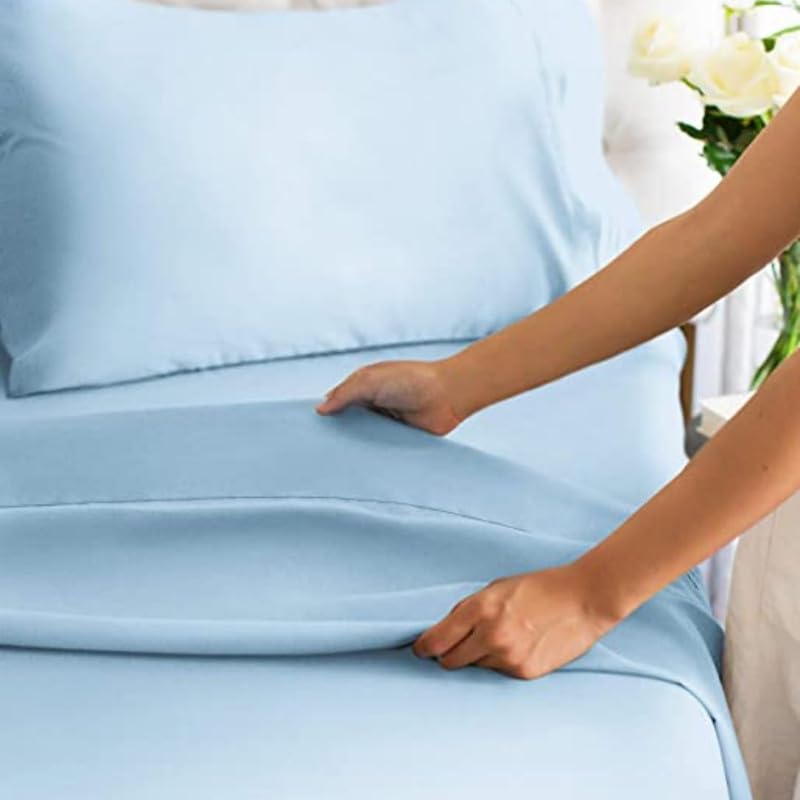 Image of Single Size Bedsheets for Single Bed 600 TC - Cotton Elastic Fitted Sheet (42 x 78 Inches) with 8 Inch Drop- Color Light Blue Solid [ Fitted Sheet with 2 Pillow Cover]