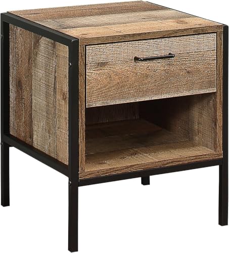 Image of Sierra Side Table with Drawer & Open Storage Shelf | Engineered Wood Bedside Table with Powder-Coated Metal Frame | Modern End Table for Bedroom & Living Room | Rustic Reclaimed Wood Finish